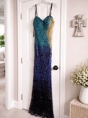 slim fit dress slacks Navy Blue Prom Gown with Glitter CL12223 main image 0